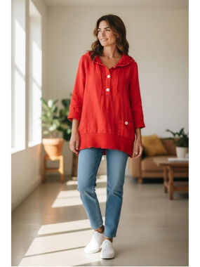 Fenini Red Linen Cotton Hooded Tunic Top Lagenlook Boho Oversized Made In USA